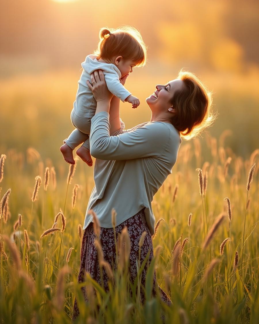 Mother lifting her toddler in tall grass at sunset