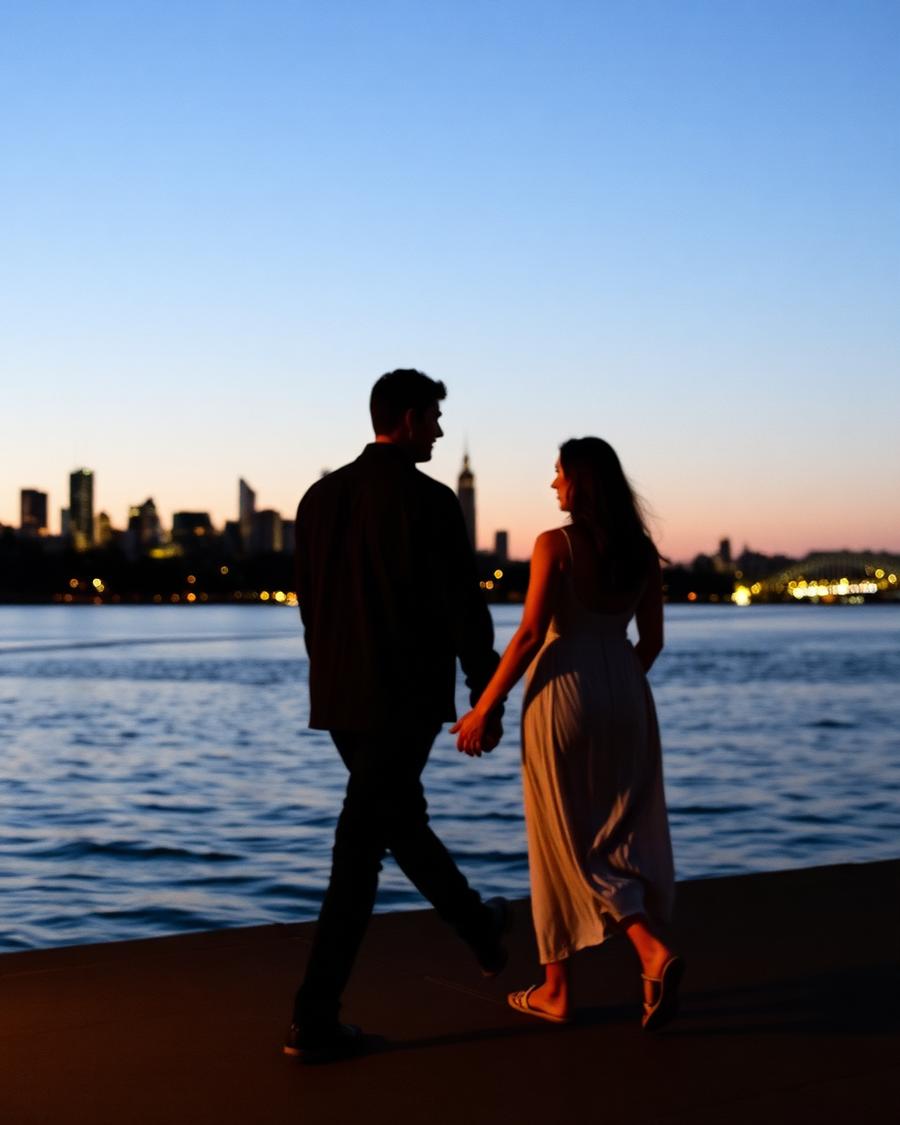 Couple walking hand in hand at dusk by the water