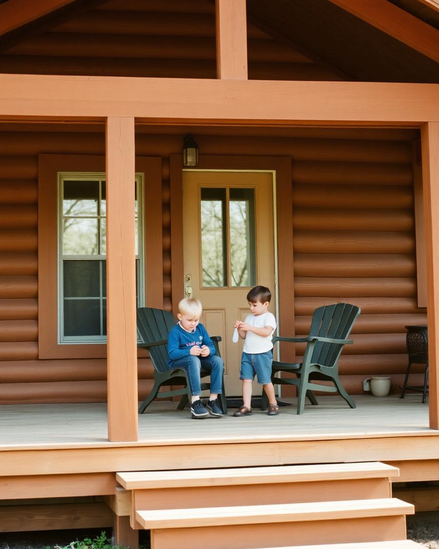 Two children playing on a wooden porch in morning light