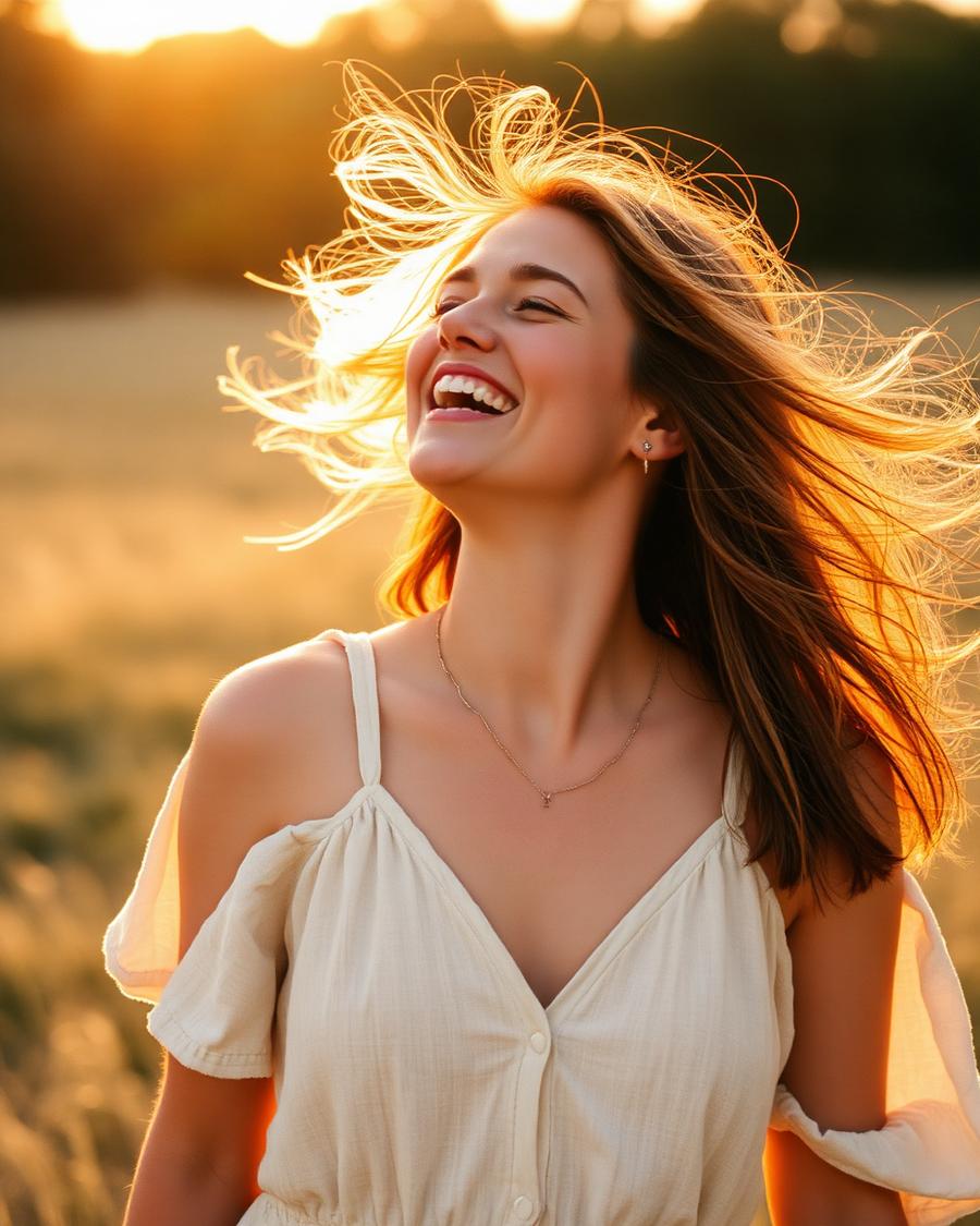 Woman laughing in golden evening light