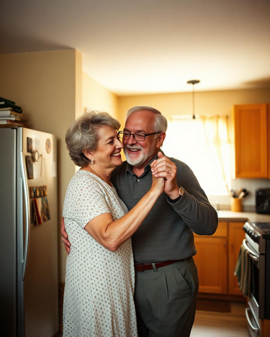 Older couple dancing in their kitchen
